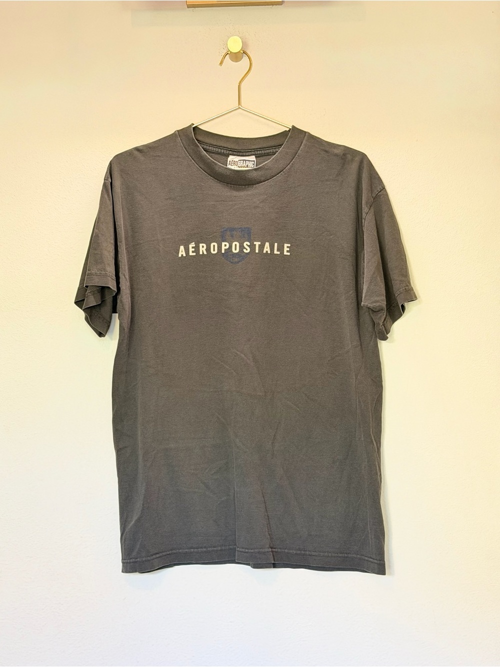 Vintage Aeropostale Men's Slate Gray Logo Short Sleeve Tee